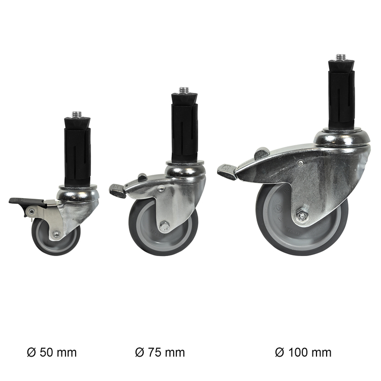 Schwenkrad silber mit Bremse Ø 100 mm (42,4 mm)